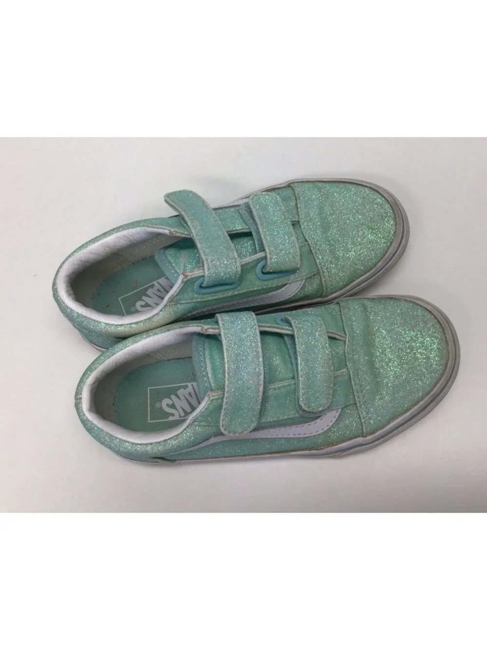 Vans Girls Old Skool V Sneakers Glitter Green Hook And Loop Kids Size 13.5 Shoes